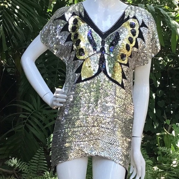 Vintage 80s butterfly sequins silk top - Picture 4 of 12